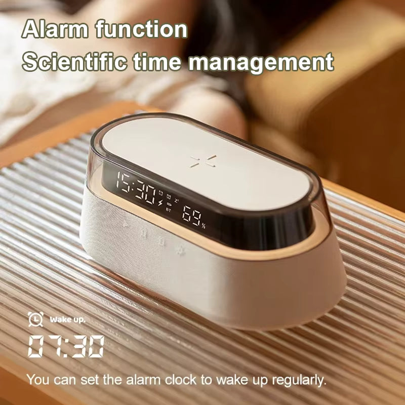 6-in-1 Smart Alarm Clock - 15W Wireless Charger, Bluetooth Speaker, FM Radio, Dual Alarm, USB Charger & RGB Night Light