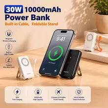 Magnetic Power Bank 10000mAh with Built-in USB-C Cable & Zinc Alloy Stand, 30W PD Fast Charging Wireless Portable Charger for iPhone 17 16 15 Samsung Xiaomi