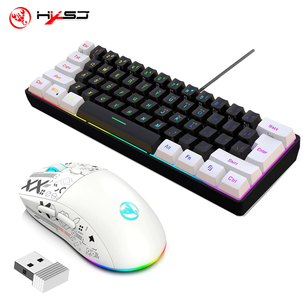 HXSJ-60% RGB Backlit Gaming Keyboard and Mouse Set 61-Key Wired Keyboard 3-Mode Optical Gaming Wireless Mouse for Laptop PC