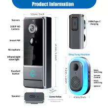 Smart WiFi Doorbell Camera HD 1080P Night Vision Two-Way Audio PIR Motion Detection Easy Installation for Home Security