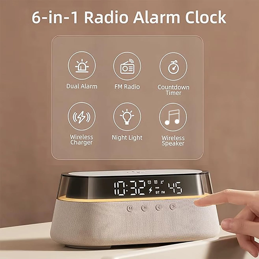 6-in-1 Smart Alarm Clock - 15W Wireless Charger, Bluetooth Speaker, FM Radio, Dual Alarm, USB Charger & RGB Night Light