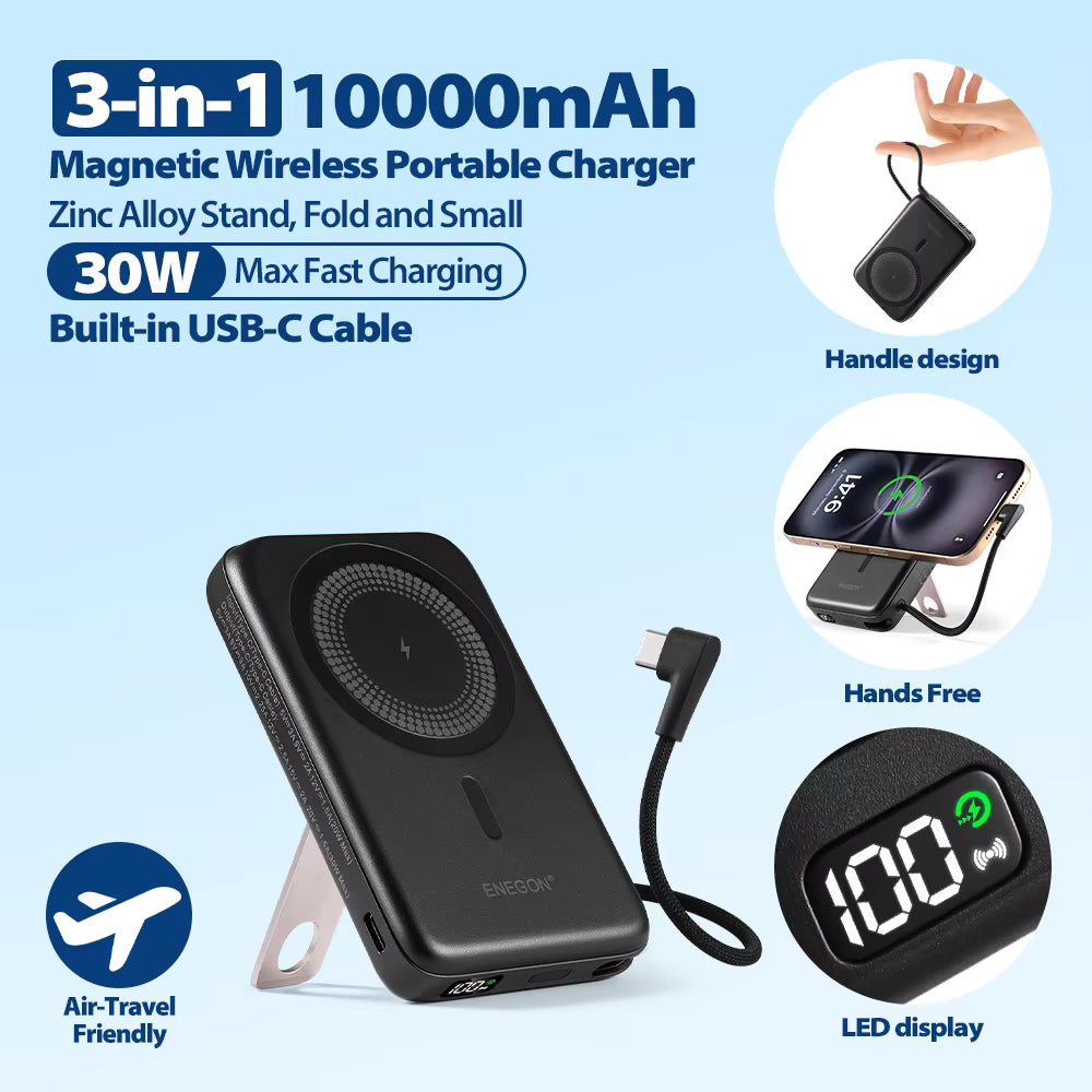 Magnetic Power Bank 10000mAh with Built-in USB-C Cable & Zinc Alloy Stand, 30W PD Fast Charging Wireless Portable Charger for iPhone 17 16 15 Samsung Xiaomi