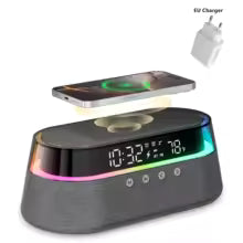 6-in-1 Smart Alarm Clock - 15W Wireless Charger, Bluetooth Speaker, FM Radio, Dual Alarm, USB Charger & RGB Night Light