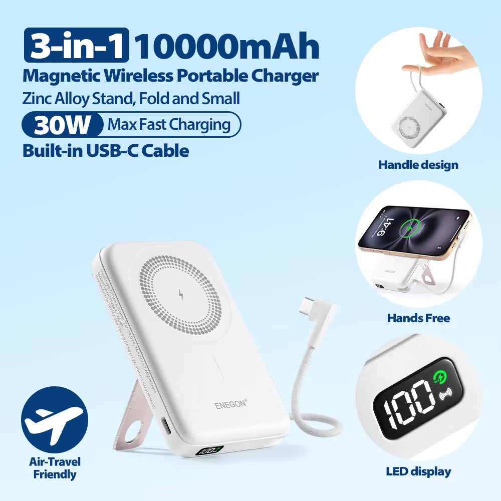 Magnetic Power Bank 10000mAh with Built-in USB-C Cable & Zinc Alloy Stand, 30W PD Fast Charging Wireless Portable Charger for iPhone 17 16 15 Samsung Xiaomi