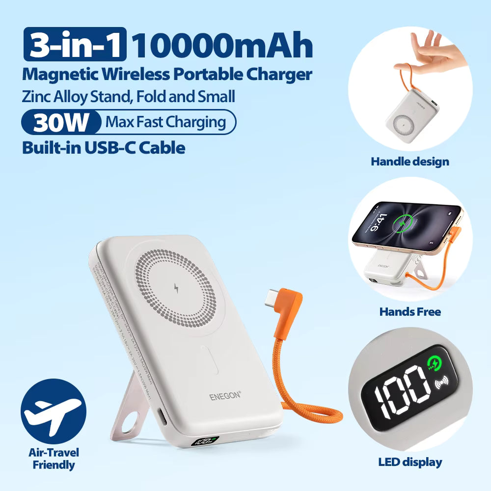 Magnetic Power Bank 10000mAh with Built-in USB-C Cable & Zinc Alloy Stand, 30W PD Fast Charging Wireless Portable Charger for iPhone 17 16 15 Samsung Xiaomi