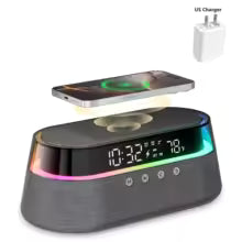 6-in-1 Smart Alarm Clock - 15W Wireless Charger, Bluetooth Speaker, FM Radio, Dual Alarm, USB Charger & RGB Night Light
